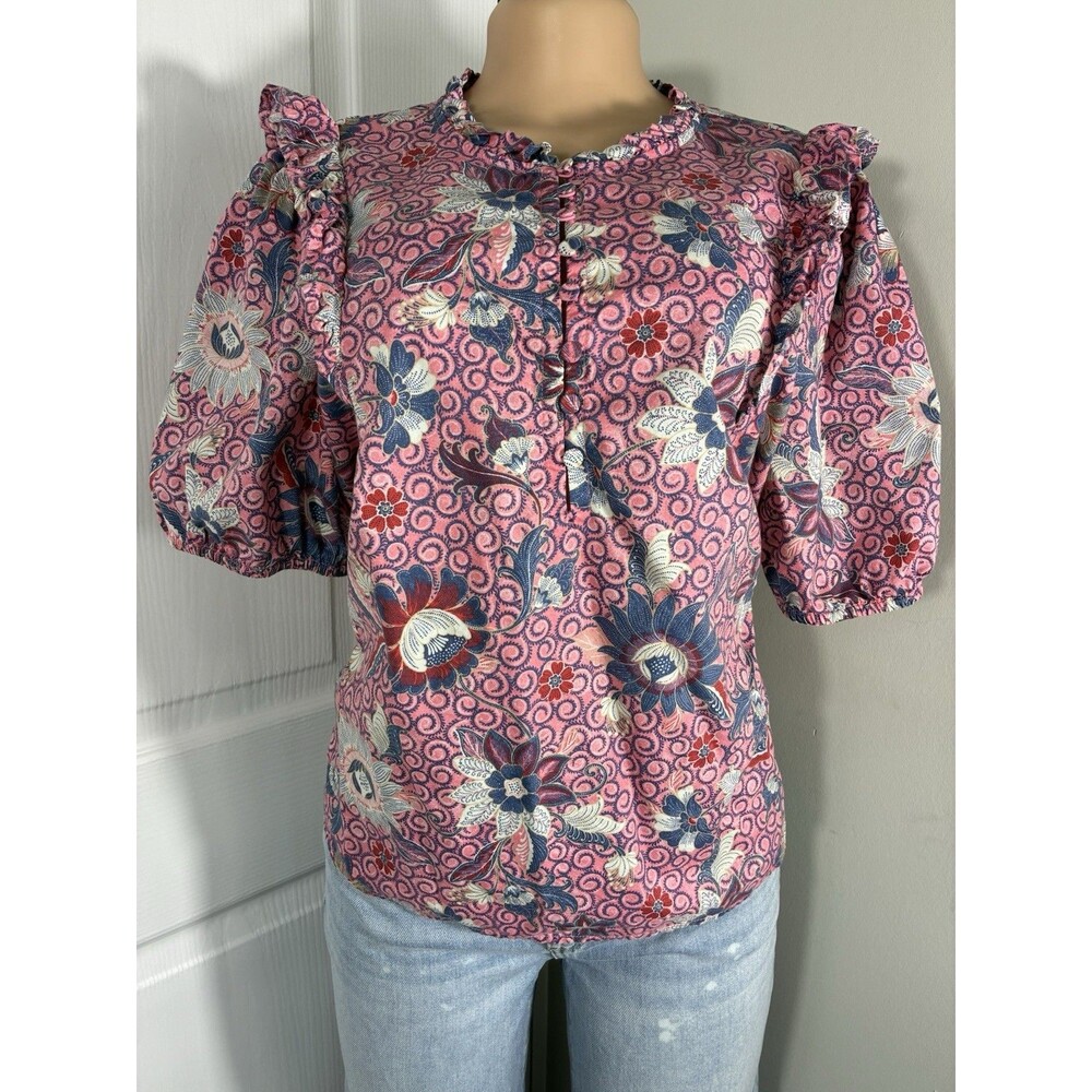 Loft Womens Blouse Sz M Pink Floral Puff Sleeve Cottagecore Peasant